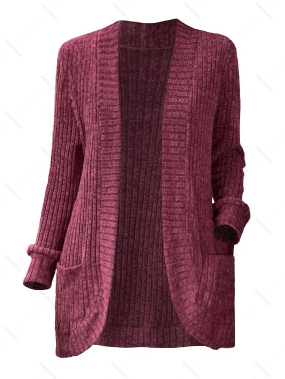 Cardigan avec Poche à Brodure Côtelée en Couleur Unie - Rouge foncé XXL | US 12