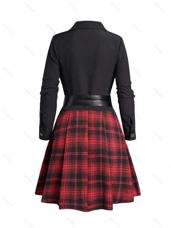 Mini Robe Ceinturée Panneau à Carreaux à Taille Haute avec Bouton - Noir XXL