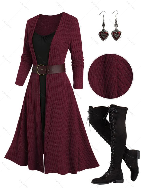 Rib Contrast Belt 2 In 1 Knit Dress and Lace Up Over The Knee Boots Heart Rose Rivet Earrings Outfit - Rouge foncé S | US 4