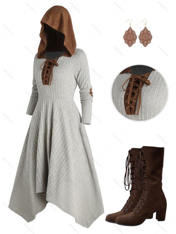 Contrast Color Rib Lace Up Hooded Dress and Chunky Heel Mid Calf Boots Floral Wooden Earrings Outfit - café lumière S | US 4