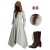 Contrast Color Rib Lace Up Hooded Dress and Chunky Heel Mid Calf Boots Floral Wooden Earrings Outfit - café lumière S | US 4