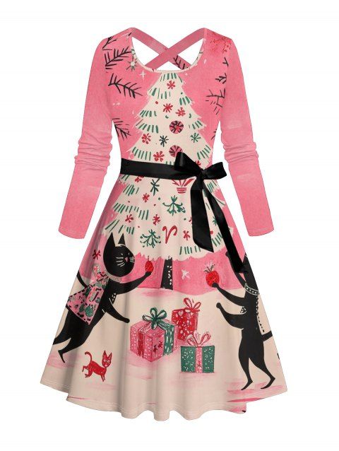 Robe Mi-Longue Ceinturée Croisé Chat et Cadeau de Noël Imprimés à Manches Longues