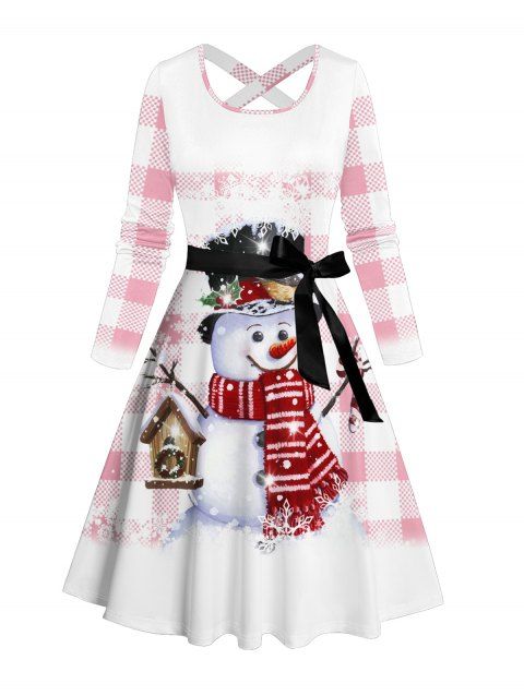 Robe Midi Imprimé Carreaux et Bonhomme de Neige Noël