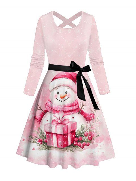 Robe Mi-Longue de Noël Croisée Ceinturée Bonhomme de Neige et Flocon de Neige Imprimés à Manches Longues