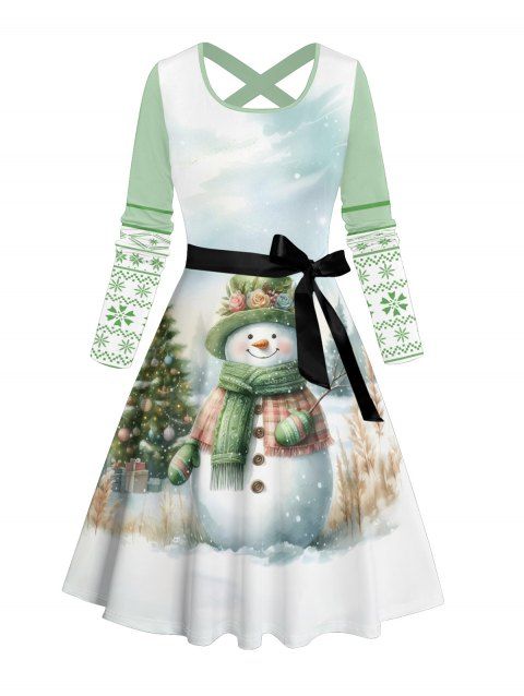 Robe Mi-Longue de Noël Croisée Ceinturée Flocon de Neige et Bonhomme de Neige Imprimés à Manches Longues