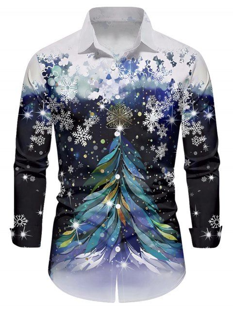 Christmas Tree Snowflake Print Long Sleeve Shirt Turndown Collar Button Up Shirt