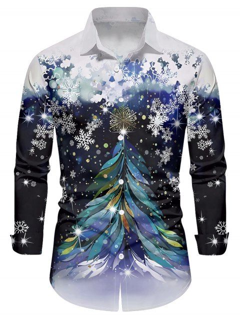 Chemise Col Rabattu Boutonnée Imprimé Flocons de Neige et Sapin de Noël