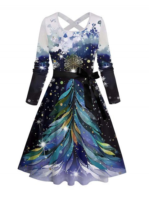 Robe Ligne A Ceinturée Croisé Flocon de Neige et Sapin de Noël Imprimés à Manches Longues