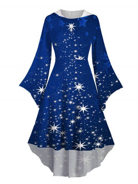 Robe à Capuche Mi-Longue Haute Basse Etoile Lumière et Flocon de Neige de Noël Imprimés à Manches Evasées