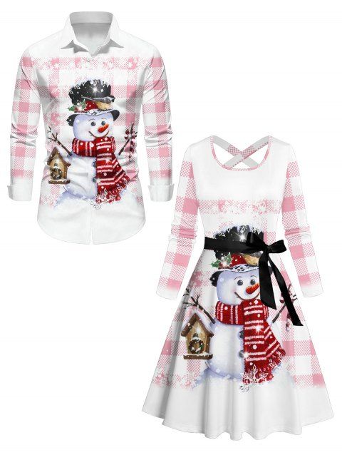 Christmas Snowman Plaid Print Belted Dress And Long Sleeve Button Up Shirt Matching Outfit