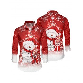 Cute Snowman Snowflake Print Christmas Shirt Long Sleeve Button Up Shirt