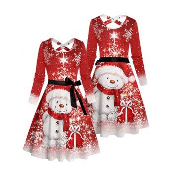 Christmas Cute Snowman Snowflake Print Belted Dress Long Sleeve Crisscross A Line Midi Dress