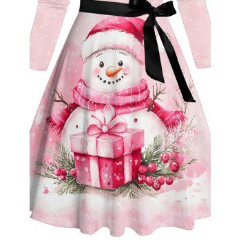 Cute Snowman Snowflake Print Belted Christmas Dress Long Sleeve Crisscross Midi Dress