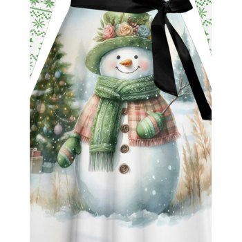 Christmas Snowflake Snowman Print Crisscross Long Sleeve Belted Midi Dress