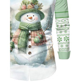 Christmas Snowflake Cute Snowman Print Long Sleeve Button Up Shirt