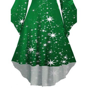 Christmas Snowflake Star Sparkle Light Print Flare Sleeve High Low Midi Hooded Dress