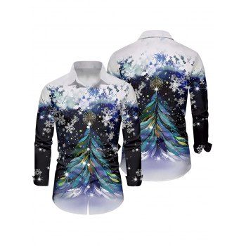 Christmas Tree Snowflake Print Belted Midi Dress And Button Up Long Sleeve Shirt Matching Outfit