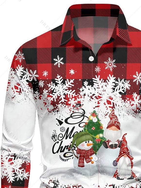 Chemise Boutonnée à Carreaux Imprimé Bonhomme de Neige et Flocon de Neige de Noël - Rouge foncé L