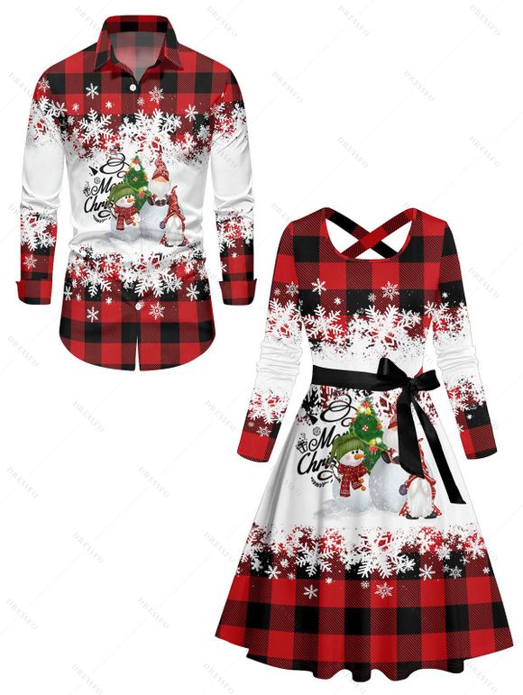 Christmas Snowman Snowflake Letter Plaid Print Belted Dress And Long Sleeve Button Up Shirt Matching Outfit - Rouge foncé S | US 4