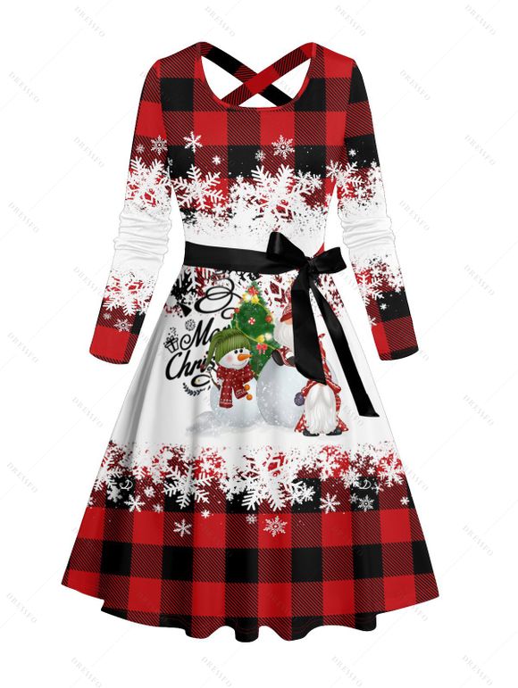 Christmas Snowman Snowflake Letter Plaid Print Belted Dress And Long Sleeve Button Up Shirt Matching Outfit - Rouge foncé S | US 4