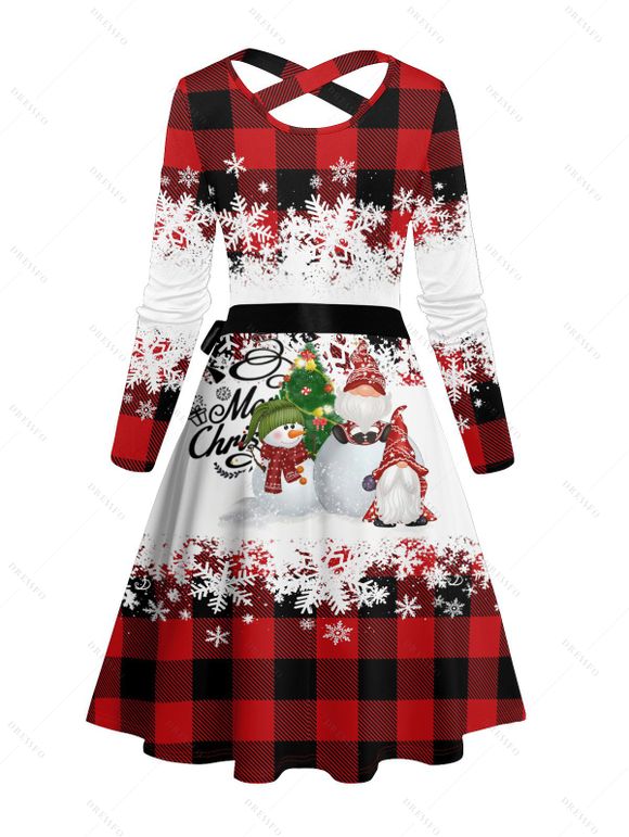 Christmas Snowman Snowflake Letter Plaid Print Belted Dress And Long Sleeve Button Up Shirt Matching Outfit - Rouge foncé S | US 4