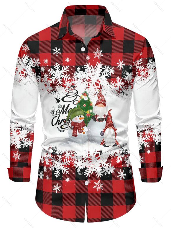 Christmas Snowman Snowflake Letter Plaid Print Belted Dress And Long Sleeve Button Up Shirt Matching Outfit - Rouge foncé S | US 4