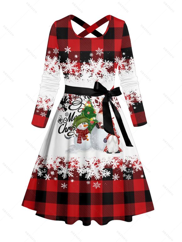 Robe de Noël Mi-Longue Ceinturée Croisé Lettre Flocon de Neige et Carreaux à Manches Longues - Rouge foncé XXXXXL | US 20