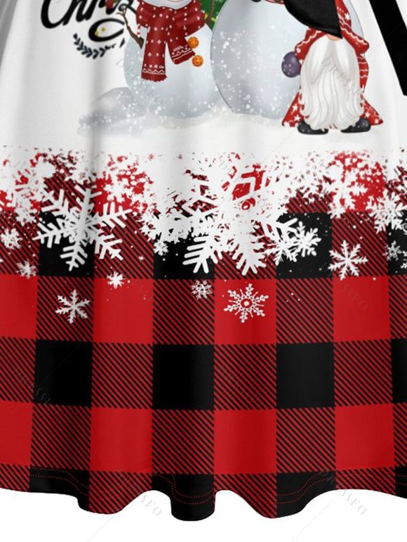 Robe de Noël Mi-Longue Ceinturée Croisé Lettre Flocon de Neige et Carreaux à Manches Longues - Rouge foncé L | US 8-10