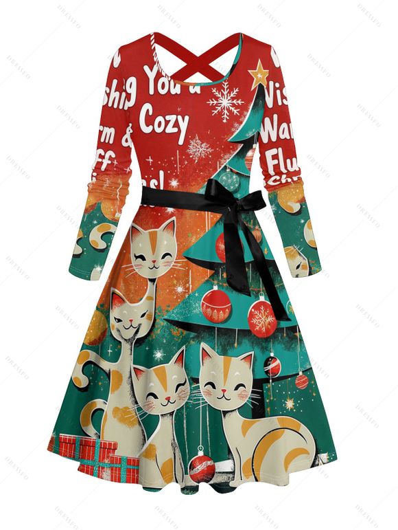 Robe Mi-longue Imprimé Chat et Flocon de Neige Noël - Rouge XXXXXL | US 20