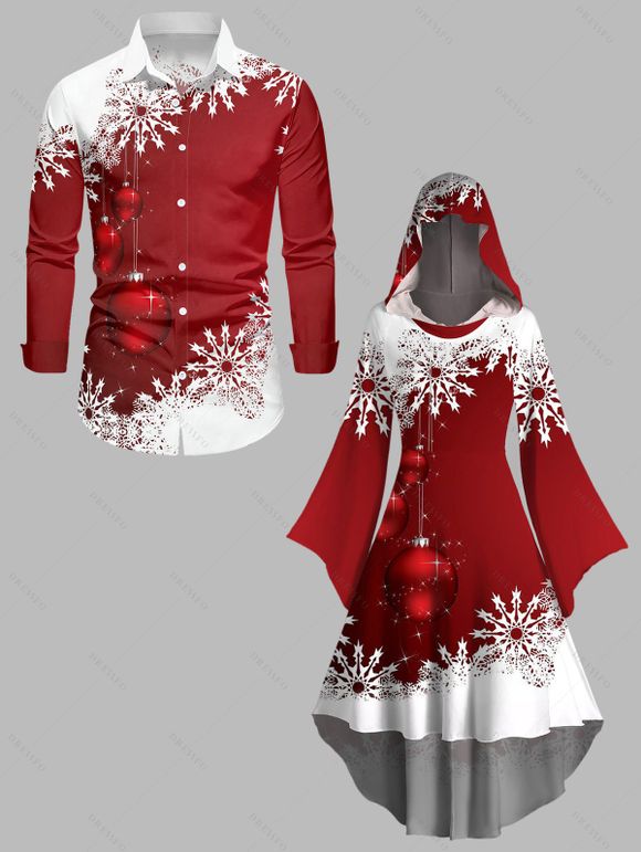 Christmas Ball Snowflake Print Flutter Sleeve High Low Hooded Dress And Long Sleeve Button Up Shirt Matching Outfit - Rouge S | US 4