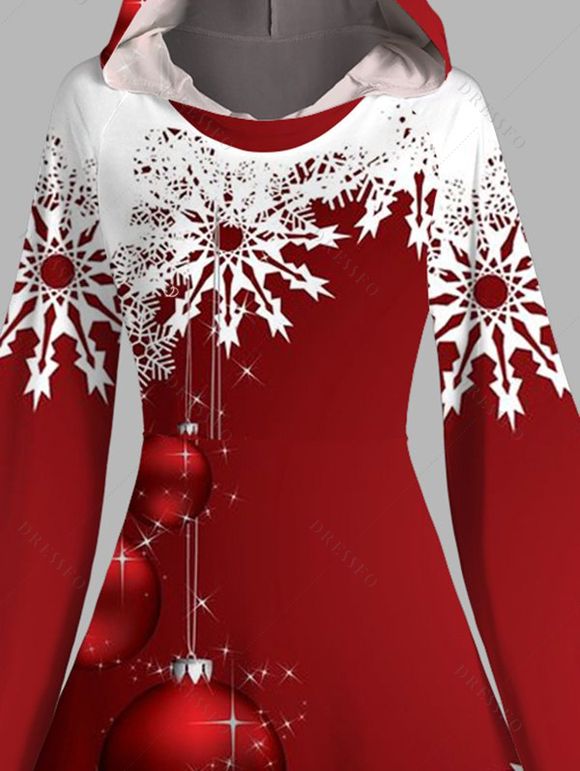 Christmas Ball Snowflake Print Flutter Sleeve High Low Hooded Dress And Long Sleeve Button Up Shirt Matching Outfit - Rouge S | US 4