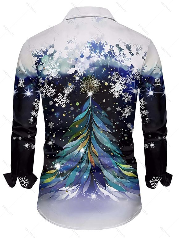 Chemise Col Rabattu Boutonnée Imprimé Flocons de Neige et Sapin de Noël - Bleu de Minuit M