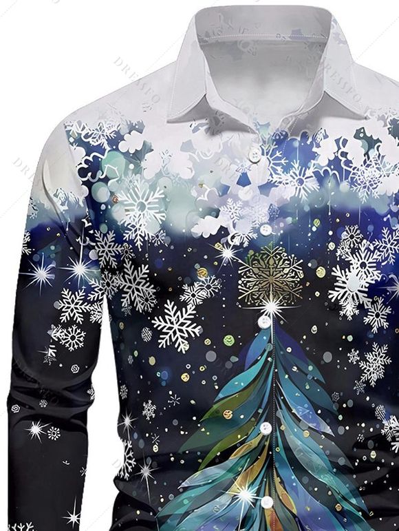 Chemise Col Rabattu Boutonnée Imprimé Flocons de Neige et Sapin de Noël - Bleu de Minuit M