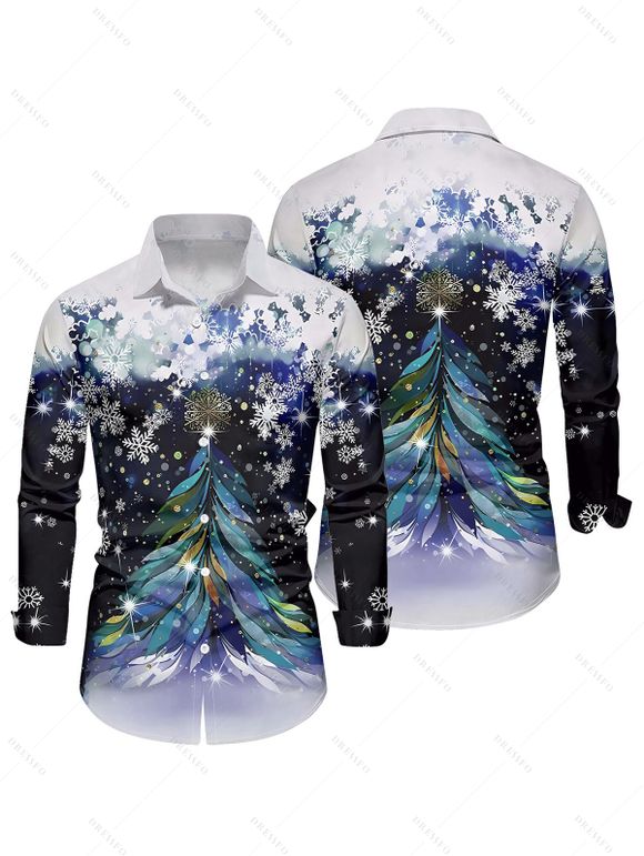 Chemise Col Rabattu Boutonnée Imprimé Flocons de Neige et Sapin de Noël - Bleu de Minuit M