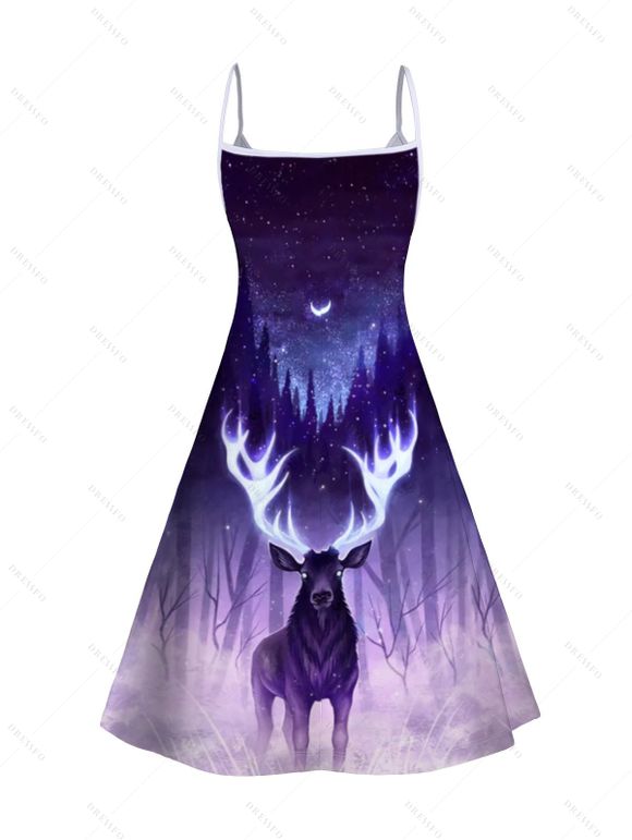 Mini Robe Ligne A Cerf de Noël et Galaxie Imprimés à Bretelle Fine - Concorde S | US 4