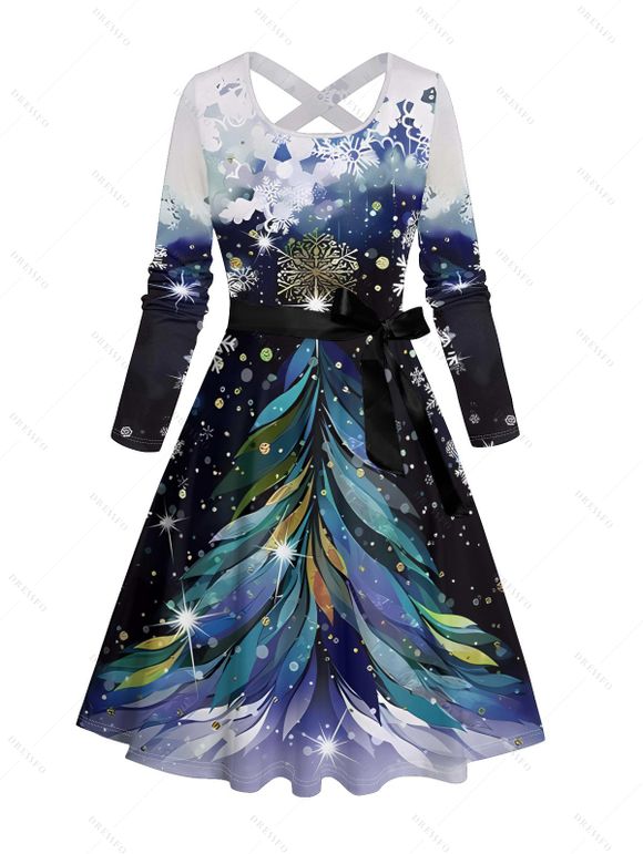 Robe Ligne A Ceinturée Croisé Flocon de Neige et Sapin de Noël Imprimés à Manches Longues - Bleu de Minuit XXXXXL | US 20