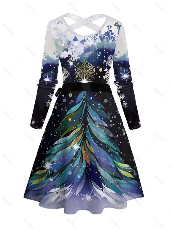 Robe Ligne A Ceinturée Croisé Flocon de Neige et Sapin de Noël Imprimés à Manches Longues - Bleu de Minuit XXXXXL | US 20