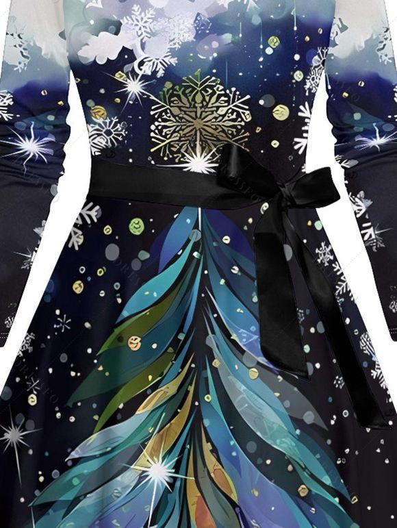 Robe Ligne A Ceinturée Croisé Flocon de Neige et Sapin de Noël Imprimés à Manches Longues - Bleu de Minuit XXXXXL | US 20