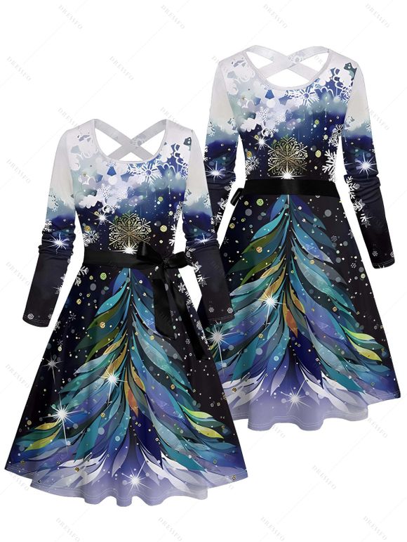 Robe Ligne A Ceinturée Croisé Flocon de Neige et Sapin de Noël Imprimés à Manches Longues - Bleu de Minuit XXXXXL | US 20