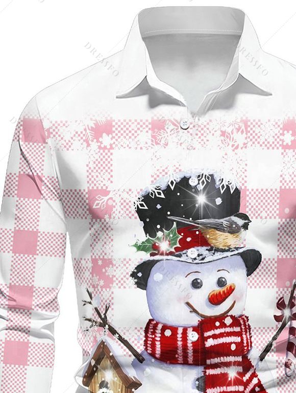 Chemise de Noël Boutonnée à Carreaux Mignon Imprimée à Manches Longues - Rose clair 3XL