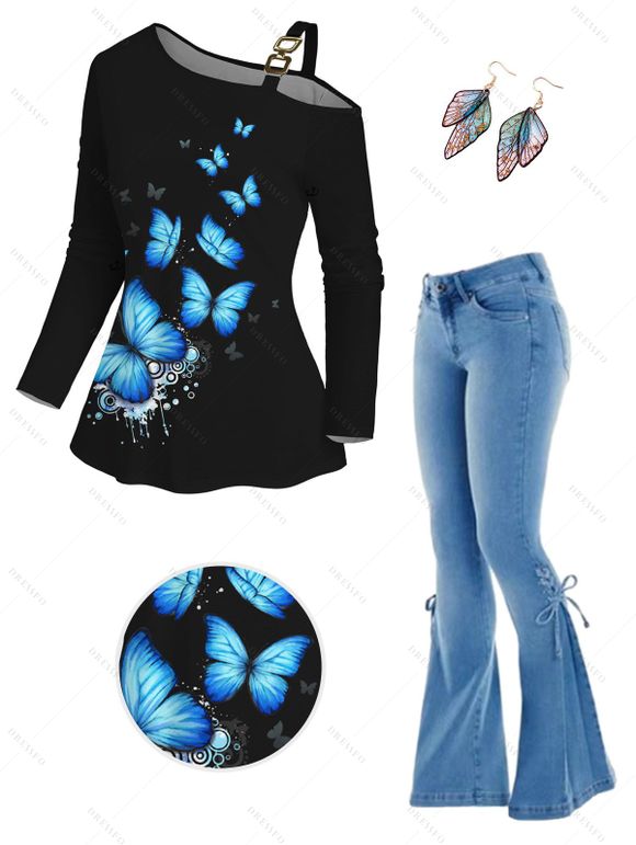 Butterfly Print Square Buckle Skew Collar Long Sleeve T-shirt And Lace Up Flare Jeans Wing Shape Drop Earrings Outfit - Noir S | US 4