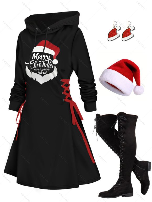 Christmas Santa Claus Hat Pattern Lace Up Hooded Mini Dress And Over The Knee Boots Thick Two Tone Fluffy Hat Hook Drop Earrings Outfit - Noir S | US 4