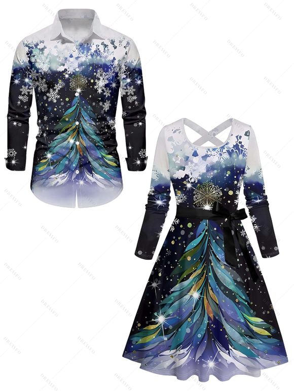 Christmas Tree Snowflake Print Belted Midi Dress And Button Up Long Sleeve Shirt Matching Outfit - Bleu de Minuit S | US 4