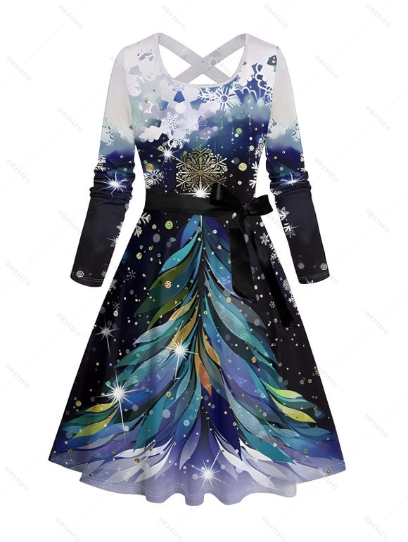 Christmas Tree Snowflake Print Belted Midi Dress And Button Up Long Sleeve Shirt Matching Outfit - Bleu de Minuit S | US 4