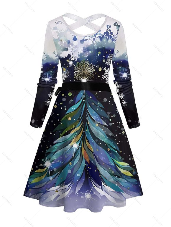 Christmas Tree Snowflake Print Belted Midi Dress And Button Up Long Sleeve Shirt Matching Outfit - Bleu de Minuit S | US 4