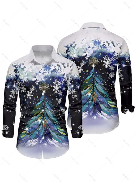 Christmas Tree Snowflake Print Belted Midi Dress And Button Up Long Sleeve Shirt Matching Outfit - Bleu de Minuit S | US 4