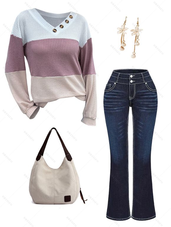 Colorblock Mock Button Drop Shoulder Textured Sweatshirt And Leaf Embroidery Double Buttons Jeans Shoulder Bag Flower Drop Earrings Outfit - multicolor A S | US 4