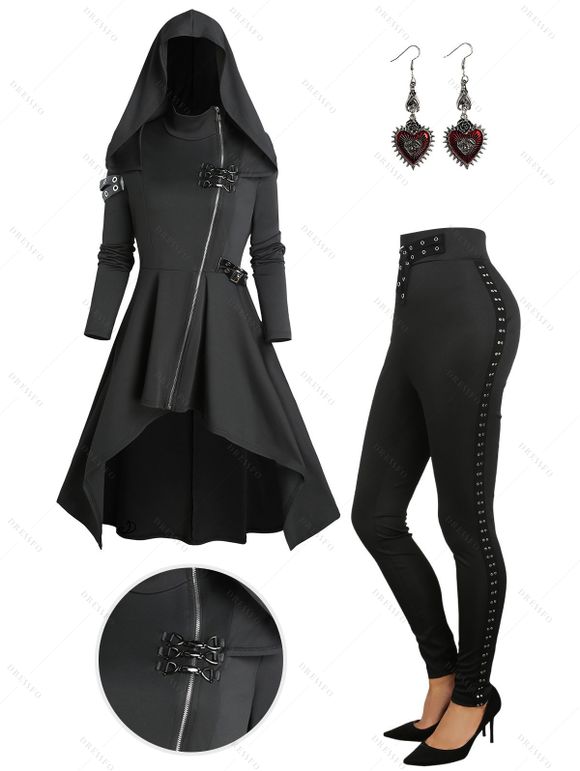 Oblique Zip Up Buckle Strap High Low Hooded Coat And Grommet Waist Long Skinny Pants Heart Rose Rivet Drop Earrings Outfit - Noir S | US 4