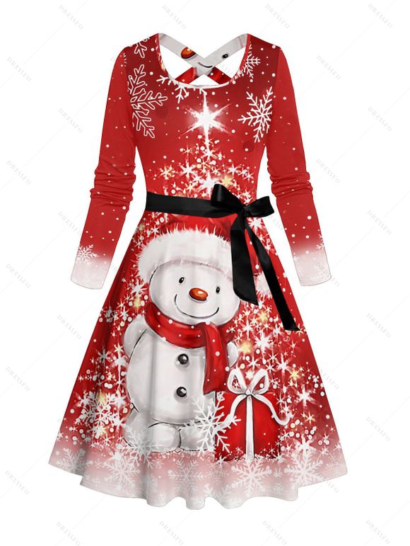 Robe Ligne A Mi-Longue Croisée Ceinturée Flocon de Neige Mignon Imprimé à Manches Longues - Rouge XXXXXL | US 20