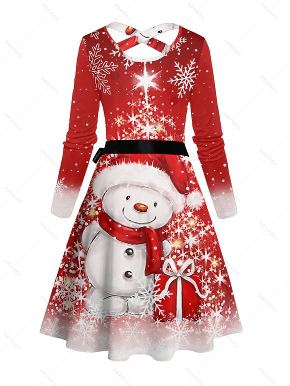 Robe Ligne A Mi-Longue Croisée Ceinturée Flocon de Neige Mignon Imprimé à Manches Longues - Rouge XXXL | US 16